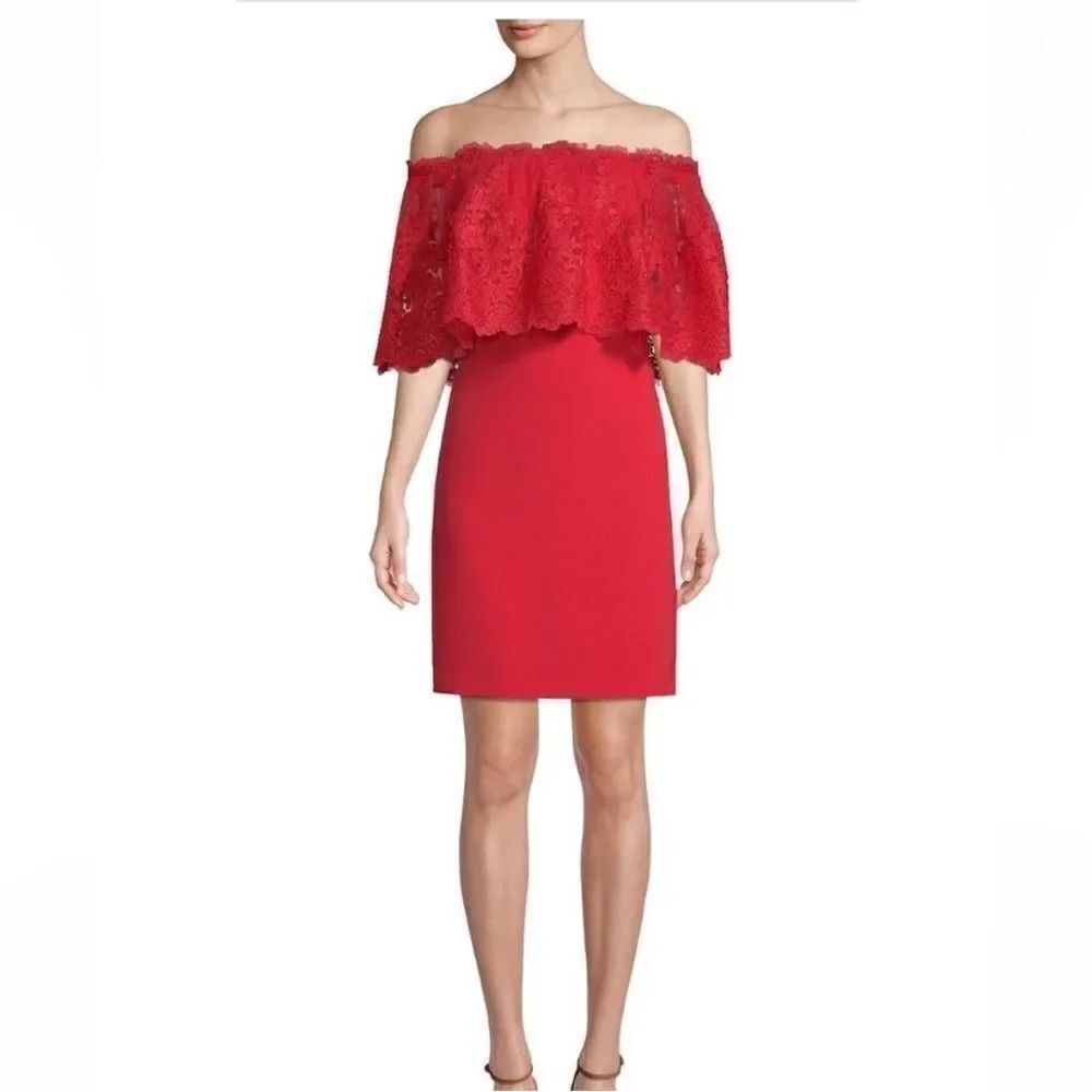 Badgley Mischka Red Off-Shoulder lace Mini Dress, US4